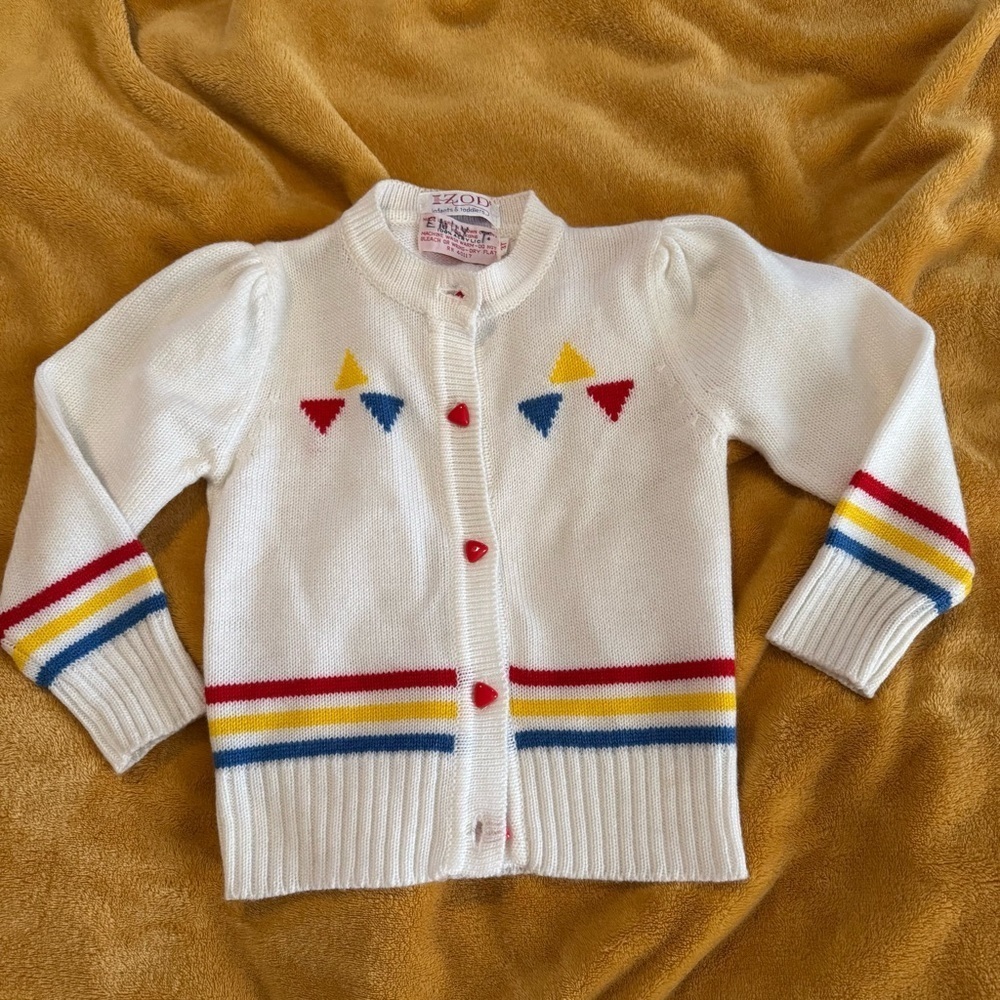 Vintage IZOD Toddler Primary Knitted Unisex Triangle 80s 3T Cardigan Sweater